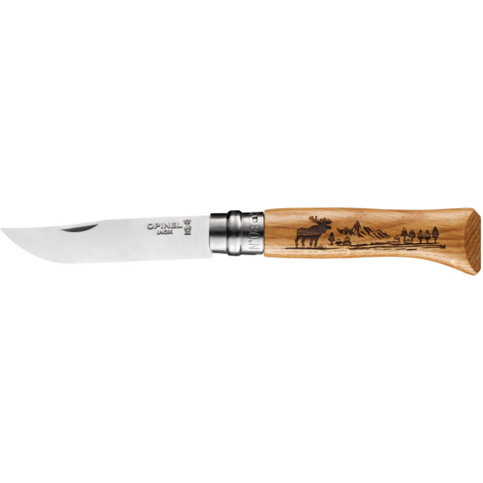 Нож OPINEL №8 ANIMALIA, нержавеющая сталь, рукоять дуб, гравировка лось 002627 Нож OPINEL №8 ANIMALIA, нержавеющая сталь, рукоять дуб, гравировка лось 002627